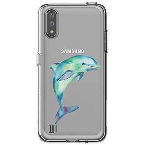 Transparante beschermhoes voor Samsung Galaxy A01, dolfijn, inkt