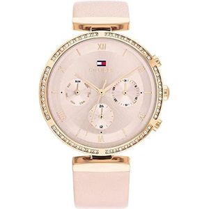 Tommy Hilfiger Polshorloge voor dames, meerdere wijzerplaten, kwarts, luna, met stenen bezel, Roze, riem