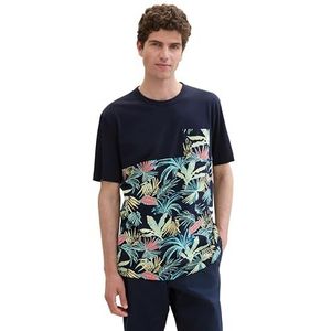 TOM TAILOR 1041859 T-shirt voor heren (1 stuk), 35436 - Marineblauw tropisch bladdesign