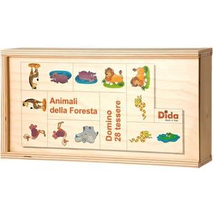 Dida - Domino bosdieren leeuwen, hippo's, krokodil, spents, olifanten, geïllustreerd in domino, bordspel met dakpannen en houten box voor kinderen.