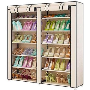 BAKAJI Schoenenkast met 7 planken, 115 x 30 x 110 cm, tot 36 paar schoenen, stalen frame en waterdichte DTT-stoffen bekleding met stofdichte ritssluiting (beige)