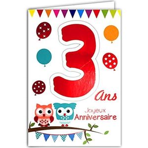 Afie 69-2103 verjaardagskaart voor 3 jaar, kinderen, jongens, meisjes, uilen, vogels en ballonnen