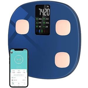 Digitale personenweegschaal met lichaamsvet en spiermassa voor 15 lichaamsgegevens, hartslagmeter met groot VA-display en app voor iOS en Android