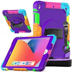 Dasaja iPad 10.2 hoes (2019 & 2020 & 2021) met displaybescherming, schouderriem voor kinderen en scholen, paars kleurrijk
