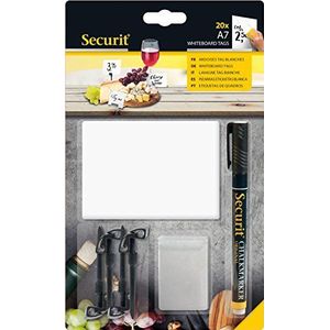 SECURIT Set met 20 witte tags, A7, incl. 1 zwart krijt, 4 leistenen pennen en 2 horizontale houders, transparant