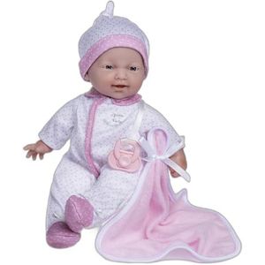 JC TOYS - De babypop 28 cm heeft een zacht en wasbaar lichaam, een deken en een fopspeen, wit en roze met stippen, ontworpen in Spanje, 12 maanden