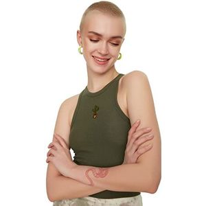 Trendyol Chemise à col rond standard pour femme Jeune chemise, Kaki, S