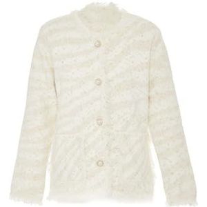 ALARY Cardigan ample en tricot pour femme Popping petit style parfumé, nouveau pompon col rond veste simple boutonnage blanc laine taille unique, Blanc cassé, taille unique