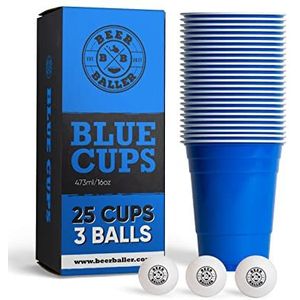 BEERBALLER® Blue Cups - 25 blauwe Beer Pong cups & 3 bierpong balletjes, vaatwasmachinebestendig & herbruikbaar, 473 ml, 16 oz partykopjes, bierpong bekerset, originele American Beerpong cups