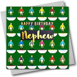 Verjaardagskaart voor neefjes, voetballers met tekst in glanzend goud