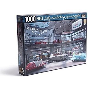 Fallout puzzel met 1000 stukjes, een gevulde dag, vertegenwoordigt Chryslus tentoonstellingsruimte aan de bovenkant, vol auto's