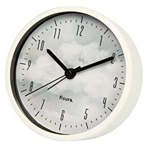 FISURA - Analoge zilveren wekker met wolken - wekker zonder Tic-TAC - op batterijen werkende metalen wekker met 11 cm diameter en 3,8 cm breedte