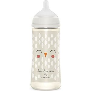 Suavinex, Fles 360 ml fles met symmetrische speen SX Pro van siliconen met snelle doorstroming (L) met anti-koliek ventiel, voor baby's + 6 maanden, bonhomia, beige