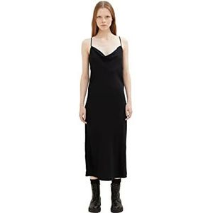 TOM TAILOR Denim Dames midi-jurk van satijn, opstaande kraag, 14482 - Deep Black