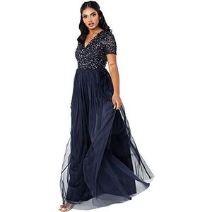 Maya Deluxe Maxi-jurk met V-hals en korte mouwen voor dames, empire-maat, eindejaarsbal, bruidsmeisje, bruidsmeisjesjurk, bruidsmeisjesjurk, bruidsmeisjesjurk, Navy Blauw