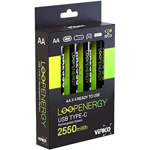 VERICO LoopEnergy AA 2550 oplaadbare USB-C batterij AA 1,5 V 2550 mWh (1700 mAh) Li-Ion, snelladen via USB-C aansluiting in ca. 2 uur, 4 x AA, kleur: groen