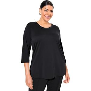 Ulla Popken Shirt, geribbelde boorden, ronde hals, 3/4-arm T-shirt voor dames, zwart.