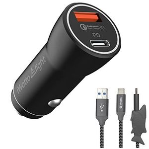 iWotto USB-oplader voor de auto, met type C-kabel, oplader, 2 USB 3.0-opladers, compatibel met sigarettenaansteker, Quick Charge voor mobiele QI-apparaten