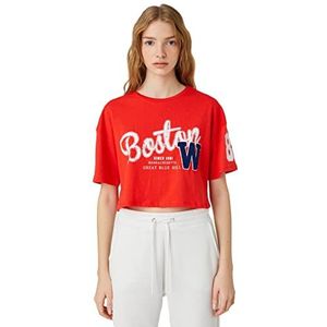 Koton T-shirt col rond à manches courtes Varsity Crop pour femme, Rouge (414), XL