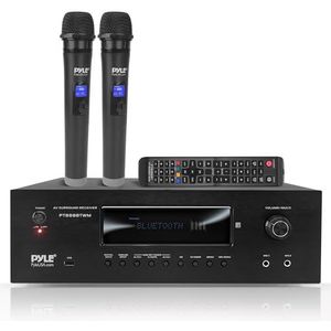Pyle Karaoke receiver voor thuisbioscoop, bluetooth, 1000 W, stereo-versterker 5.2 kanalen met 2 draadloze UHF-microfoons, videogateway compatibel met MP3/USB/HDMI/AM/FM-radio, zwart