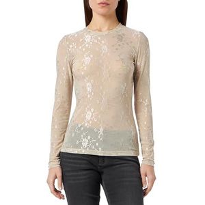 KAFFE Women's T-Shirt Long Sleeves Slim Fit Lace Fabric Crew Neck Sheer Femme, Feather Gray, S