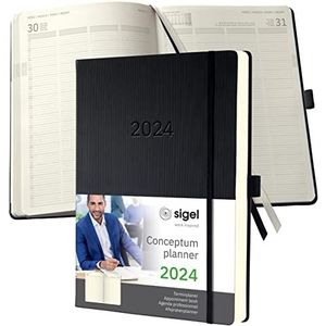 SIGEL C2404 XXL Planningsboek 2024, A4+, 1 dag = 1 pagina voor 4 personen, zwart, hardcover, 480 pagina's, elastisch, penlus, archieftas PEFC-gecertificeerd