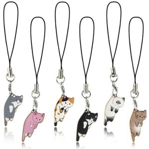 Jeffdad Set van 6 schattige kitten bedels voor telefoon, handgemaakte kawaii sleutelhanger, anti-verlies armband voor vrouwen meisjes