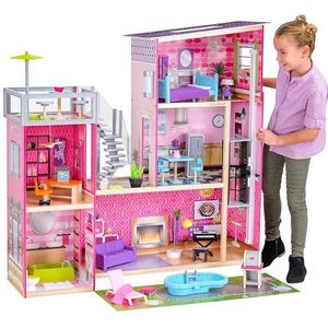 KidKraft Uptown poppenhuis van hout, inclusief accessoires en meubels met een kat, lift en zwembad, voor poppen van 30 cm, speelgoed voor kinderen vanaf 3 jaar, 65833