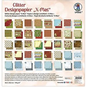 Ursus XMas 71900099 glitter-designpapier, 40 vellen aan beide zijden bedrukt motiefpapier, 190 g/m², 30,5 x 30,5 cm, voor- en achterkant