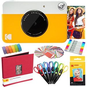 KODAK Printomatic Instant Camera (geel) kunstset + zinkpapier (20 vellen) + verzamelalbum 8 x 8 stoffen + 12 dubbele puntmarkers + 100 stickers + 6 schaar + washi tape