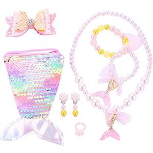 Seatecks 7-delige set voor kinderen, schattige cartoon-glitter, zeemeermin-handtas, armband, ring, oorbellen, haarspelden, feestartikelen, cadeau voor peuters, prinses, aankleden, kunststof