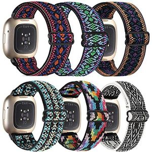 6-pack elastische nylon bandjes compatibel met Fitbit Versa 3/Fitbit Sense, verstelbare nylon vervangende banden polsband voor Fitbit Versa Smart Watch voor dames en heren, Geen edelsteen