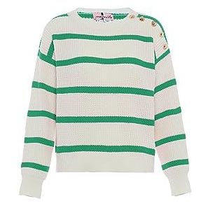 Nascita Dames gebreide damestrui met contrasterende strepen op de schouder en knopen acryl wit wol groen maat M/L trui sweatshirt, M, gebroken wit, groen, M, Gebroken wit, groen