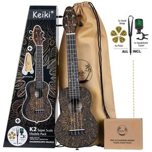 Ortega Keiki K2 Ukulele Guitars Sopraan oranje - Keiki K2 - starterset inclusief stemapparaat en riem, 5 plectrums medium en tas met trekkoord - kaleidoscoop oranje (K2SS-OKC)