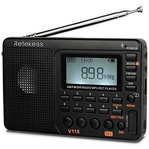 Retekess V115 Draagbare radio, kleine radio, oplaadbaar, FM AM SW, batterijen en netvoeding, TF-kaart, recorder, MP3, slaaptimer, badkamer, keuken, kerstcadeau (zwart)