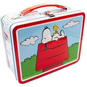 AQUARIUS Peanuts Snoopy Hondenhok, rood, robuuste opbergdoos van tin met kunststof handvat en reliëfdeksel aan de voorkant, officieel gelicentieerd product van Peanuts en