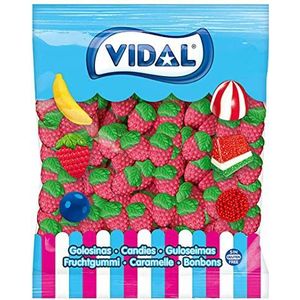 Vidal lekkernijen aardbeien, rubberen snoepjes met aardbeiensmaak en -vorm, kleuren groen en rood, zak 1,5 kg