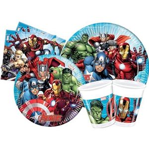 Ciao- Party Table Set Marvel Avengers Mighty 24 people (112 pcs: 24 paper plates Ø23cm, 24 paper plates Ø20cm, 24 plastic cups 200ml, 40 paper napkins 33x33cm), Y4952