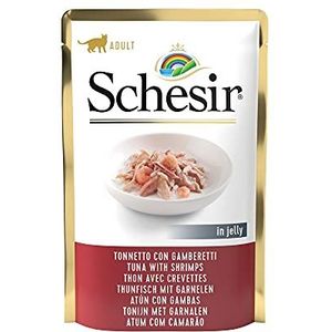 Schesir, Natvoer voor volwassen katten met smaakkleur klei met garnalen van zoete gelei - totaal 1,7 kg (20 zakjes van 85 g)