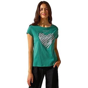 Street One Dames T-shirt met korte mouwen met glitterhart, lagunegroen, 38, Lagoon groen
