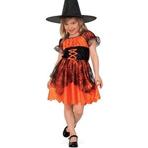 Partychic Heksenkostuum voor kinderen, oranje en zwarte jurk, korte mouwen, maten 116 en 128 cm, carnaval en Halloween (116)
