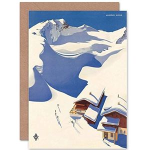 Blanco wenskaart voor reizen, winter, sport, sneeuw, ski, Alpenhut en Oostenrijk