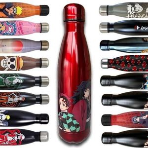 Dubbelwandige geïsoleerde stalen fles, herbruikbaar, Demon Slayer rood, houdt 12 uur warm en koud, voor sport, reizen, dagelijks gebruik, 500 ml, BPA-vrij, officiële licentie