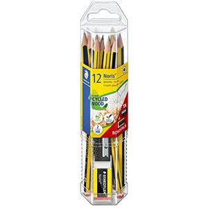 Staedtler Noris Anniversary HB potloden van hoogwaardig hout, kunststof pot met 12 potloden met 1 mini-gum en 1 puntenslijper, 61 120P2, 14-delige set