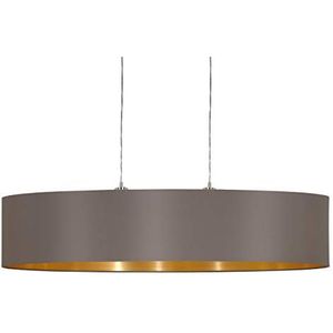 EGLO hanglamp MASERLO, 2 lichtbronnen textiel pendelarmatuur, ovalen hanglamp van staal en stof, kleur: nikkel mat, cappuccino, goud, fitting: E27, L: 100 cm