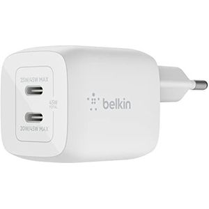 Belkin 45W USB-C dual port netlader Power Delivery 3.0 snellader met GaN-technologie voor iPhone 15, iPhone 14, Plus, Pro, Pro Max, iPad Pro, MacBook, Galaxy S24, S23 en meer