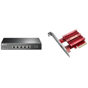 TP-Link Omada TL-SX105 Switch 5 poorten 10G desktop/rackable & ASUS XG-C100C – 10 GBase-T PCIe netwerkadapter, achterwaarts compatibel met de normen 5/2,5/1G en 100 MB/s, rood/zilver