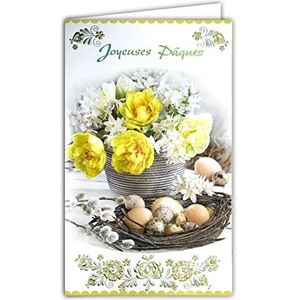 12-6013 Kaart Vrolijk Pasen boeket bloemen lente gele tulpen narcissen narcissen nest eieren levering met envelop formaat 12 x 19,5 cm FSC-milieupapier duurzaam beheer bossen gemaakt in Europa