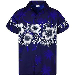 King Kameha Hawaiiaans Overhemd Hawaii-Overhemd Shirt Heren Korte Mouw Voorvak Hawaiian Afdrukken Bloem Borstafdruk, Blauw, L