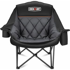 OVERMONT Oversized XL campingstoel voor volwassenen - Gewatteerde opvouwbare stoel met versterkte steun, 204 kg met bekerhouder en zijvak voor sport, tuin, strand, vissen, gazon, donkergrijs